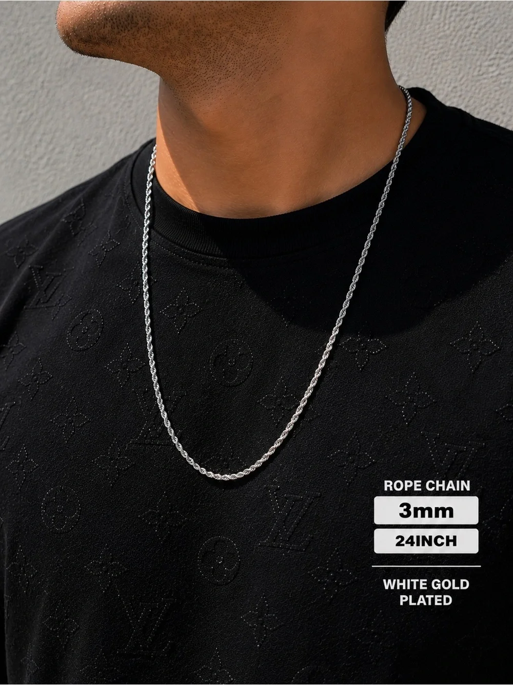 White Gold Plated 3mm Rope Chain Necklace - 24 Inch